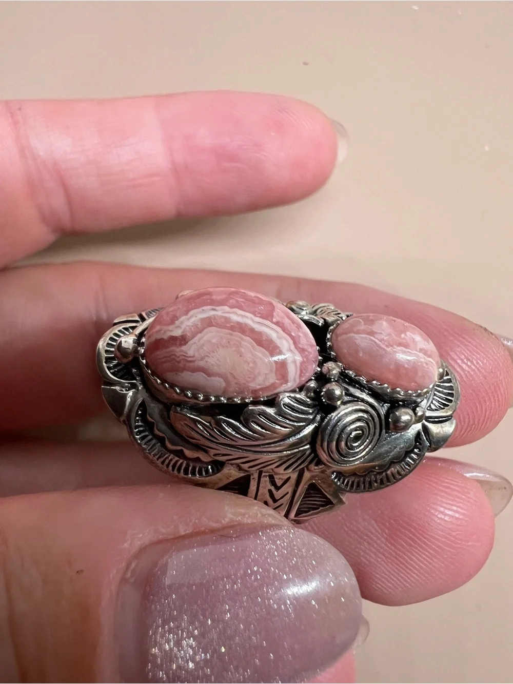 Sterling Silver Pink Rhodochrosite Statement BBJ Ring